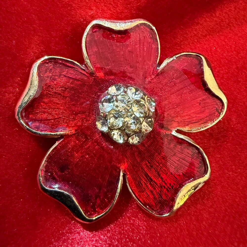 Vintage Red Enamel Flower Pin